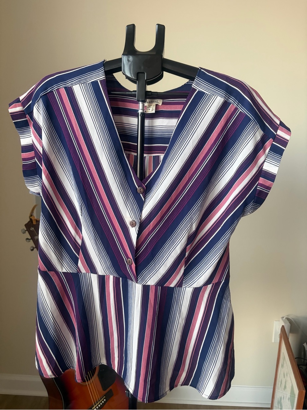 Anthropologie Fronteau Navy Burgundy Striped V-Neck Top Size 1X NWT